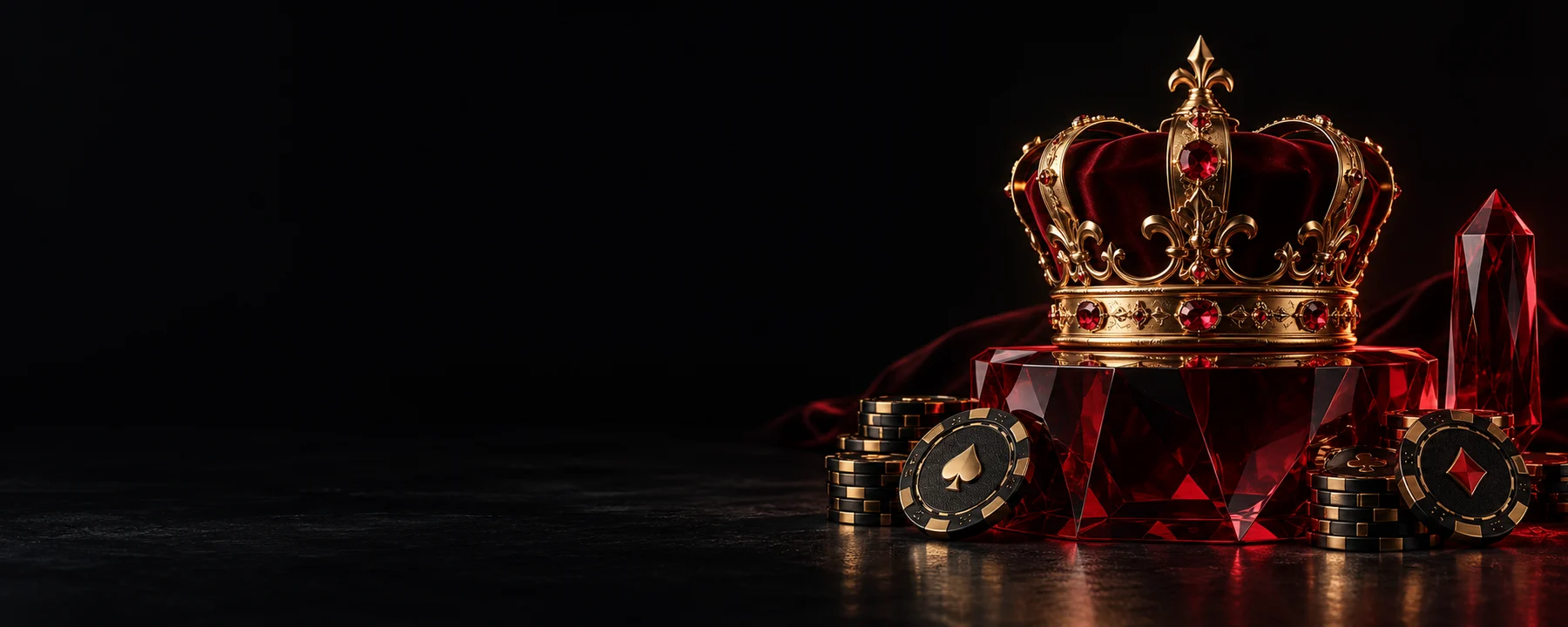Guldkrona med rubiner på ett rött kristallpodium